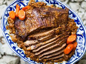 Beef Brisket recipe with carrots on platter