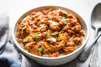 Easy chicken tikka masala served over basmati rice in bowl