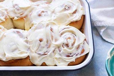 The best cinnamon rolls frosted with cream cheese frosting.