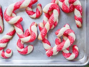 Finished Candy Cane Cookies on Baking Pan