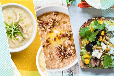 Image of congee, oatmeal, and avocado toast