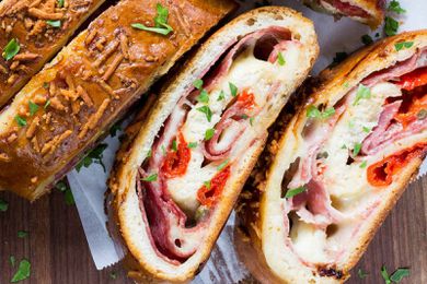 Close-up view of stromboli slices on a cutting board