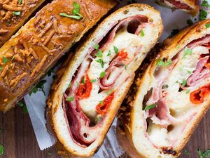 Close-up view of stromboli slices on a cutting board