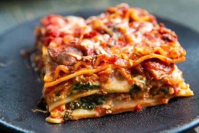 A slice of vegetarian lasagna on a plate