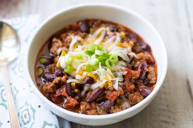 Pressure Cooker Chili with beef in bowl