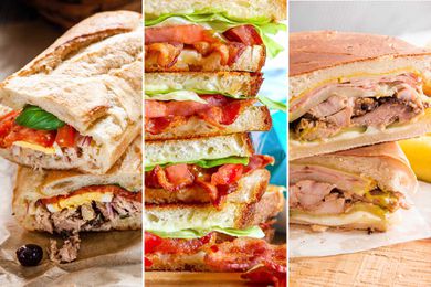 Three photos of summer sandwiches next to each other. To the left is a Pan Bagnat. The middle photo is Grilled Cheese BLT with bacon, lettuce and tomato visible. The photo to the right is two Cuban sandwiches stacked on top of each other.