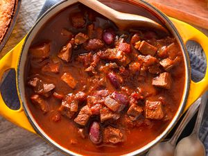 chili con carne in a yellow pot