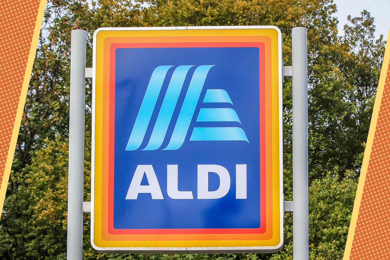 Photo of an Aldi store sign with orange and yellow lined and dotted illustrations on the corners of the photos