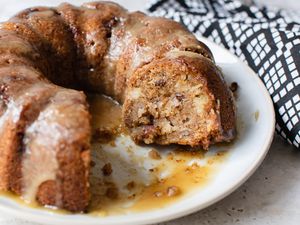 Apple Bundt Cake on a Plate with Piece Cut Out