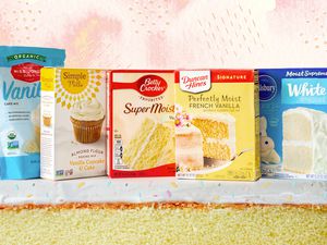 Boxed cake mixes on top of cake 