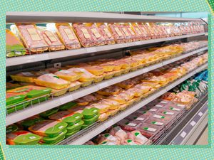Photo of the packaged meat section on a blue and green background with yellow polka dots 