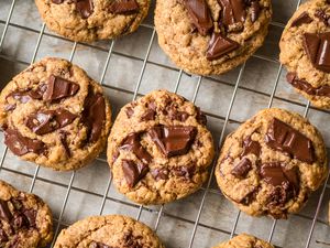 Chocolate chip cookies on a cooling rack