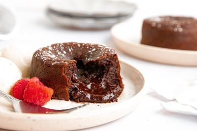 Chocolate molten lava cake on plate. 