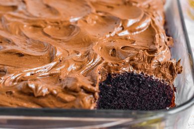 Baking Pan of Chocolate Mayonnaise Sheet Cake with a Slice Cut Out