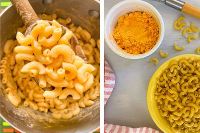 Photo on the Left: DIY Mac & Cheese on a Wooden Spoon, and More in the Pot Below It. Photo on the Right: Bowl of Uncooked Macaroni With Some Rogue Pieces Scattered on the Counter, a Bowl of Dry Cheese Powder, a Whisk, and a Red and White Checkered Kitchen Towel.