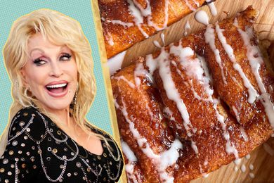 Photo compilation (L to R): photo of Dolly Parton on a blue background with yellow polka dots and a photo of Dolly Parton's famous cinnamon bread