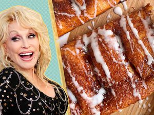 Photo compilation (L to R): photo of Dolly Parton on a blue background with yellow polka dots and a photo of Dolly Parton's famous cinnamon bread