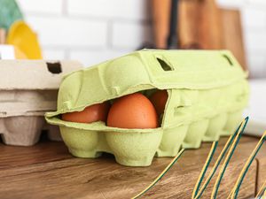 Carton of eggs on the counter and some blue and yellow lines in the lower right corner of the photo