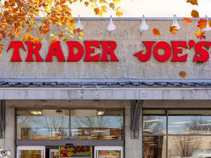 TJ Storefront with illustrations of a maple tree with orange, red, and yellow leaves