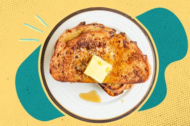 Plate of french toast with some syrup and a slab of butter surrounded by illustrations of blue and yellow color blobs/background