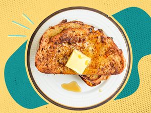 Plate of french toast with some syrup and a slab of butter surrounded by illustrations of blue and yellow color blobs/background