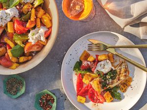 Gaby's Fried Polenta Panzanella plated with drinks in the sunlight