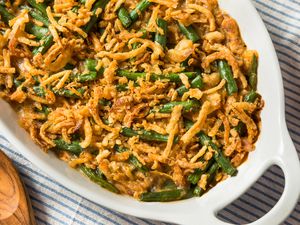 Green bean casserole in a casserole dish