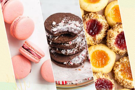 Holiday Cookie Swap Round Up (from L to R): Raspberry Macarons, Chocolate Peppermint Shortbread, and Thumbprint Cookies