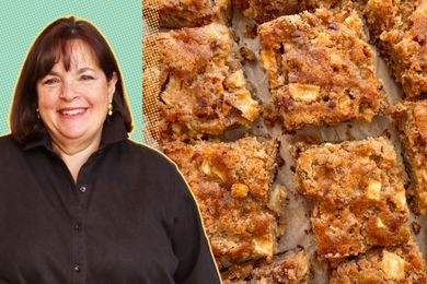 L to R: Photo of Ina Garten on a blue background with yellow polka dots and a photo of her spiced apple cake