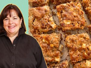 L to R: Photo of Ina Garten on a blue background with yellow polka dots and a photo of her spiced apple cake