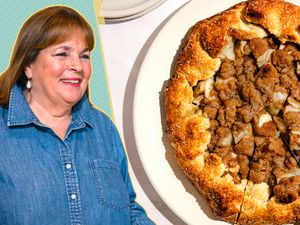 Ina Garten photo on a blue and yellow dotted background next to a photo of her apple crostada