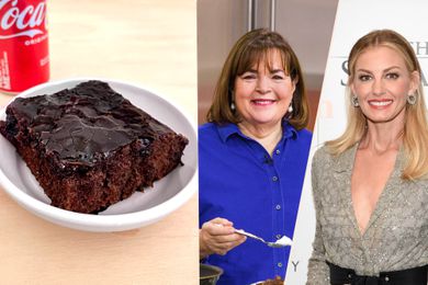 Image compilation (L to R): Faith Hill's Coca Cola Cake, Ina Garten in a kitchen holding a spoon, and Faith Hill on the red carpet