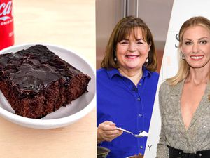 Image compilation (L to R): Faith Hill's Coca Cola Cake, Ina Garten in a kitchen holding a spoon, and Faith Hill on the red carpet