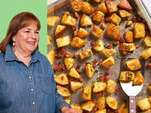 Photo of Ina Garten with a fun green and yellow dotted background on a photo of roasted potatoes on a baking sheet
