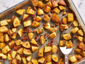 Roasted potatoes on a baking sheet