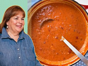Photo complilation: on the L, a photo of Ina Garten with a blue background with yellow polka dots and on the R, a pot of Ina Garten's Tomato Soup