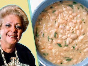 Marcella Hazan and white bean soup in a blue bowl