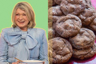 Photo compilation: photo of Martha with a green and yellow background on the left and a photo of her chocolate-gingerbread cookies on the right