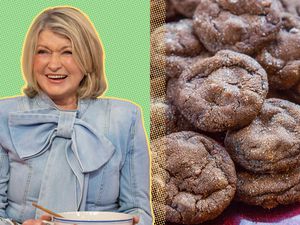 Photo compilation: photo of Martha with a green and yellow background on the left and a photo of her chocolate-gingerbread cookies on the right