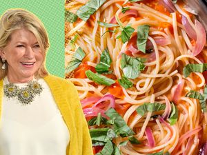 Martha Stewart cut-out on green background with yellow polka dots next to a photo of Martha's one pot pasta 