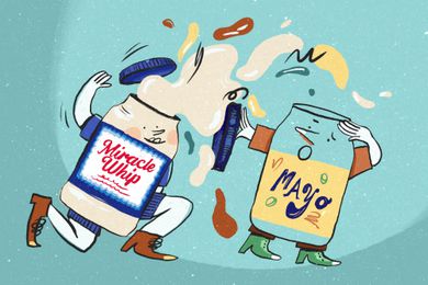 Illustrations of two jars (one Miracle Whip, another mayo), both personified with faces, hands, and shoes. Miracle Whip jar mischieviously shaking it's contents on the forlorned mayo jar, who's using its lid to block the miracle whip using.