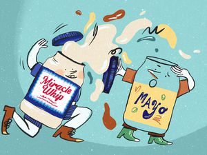 Illustrations of two jars (one Miracle Whip, another mayo), both personified with faces, hands, and shoes. Miracle Whip jar mischieviously shaking it's contents on the forlorned mayo jar, who's using its lid to block the miracle whip using.