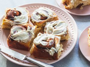 A platter of soft cinnamon rolls.