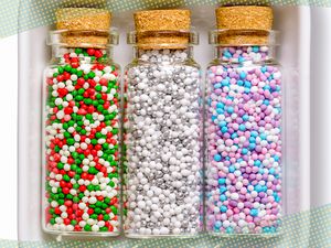 Photo of small jars with sprinkles and on the edges of the photo, a blue and yellow polka dotted border