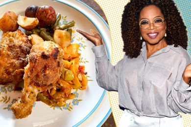 On the left, the a plate with un-fried/oven baked chicken served with veggies, and on the right, a photo of Oprah with a fun blue, yellow, and white dotted illustration