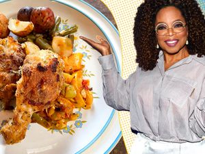 On the left, the a plate with un-fried/oven baked chicken served with veggies, and on the right, a photo of Oprah with a fun blue, yellow, and white dotted illustration