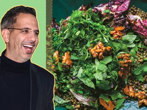 Yotam Ottolenghi head shot next a salad