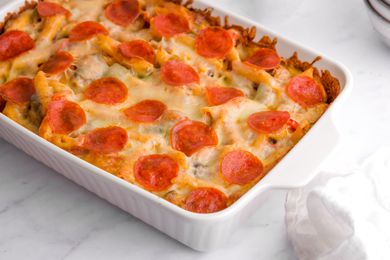 Penne and pepperoni casserole side view.