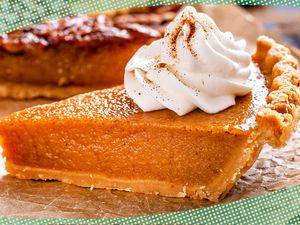 Photo of a slice of pumpkin pie topped with whipped cream with illustrations on the corners of the photo