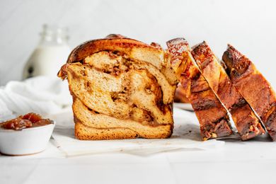 Pumpkin Spice Babka with Slices Leaning on the Loaf